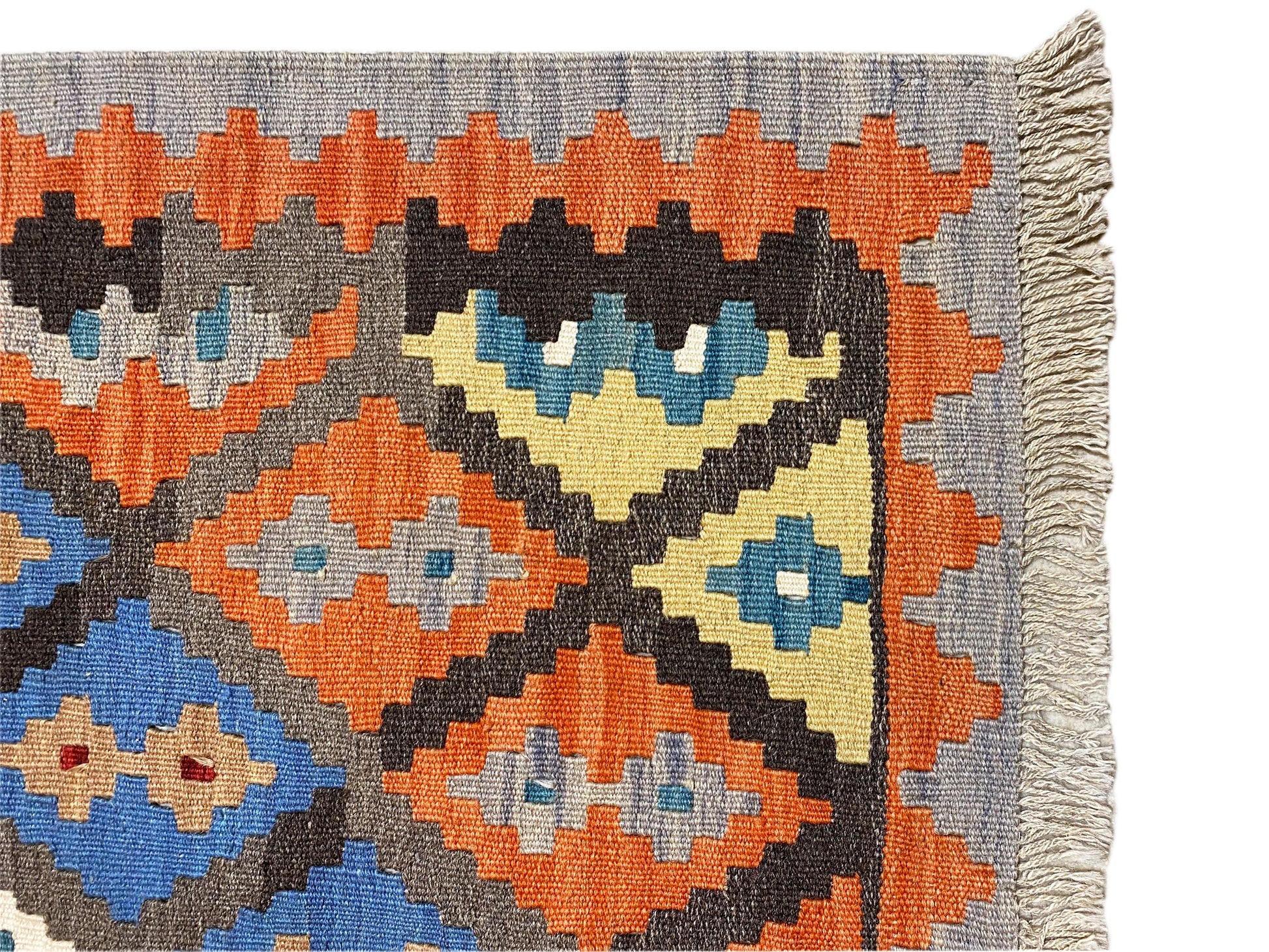 Vintage Kelim Teppich aus 100% Wolle, grauer Grundton, kräftige Farben